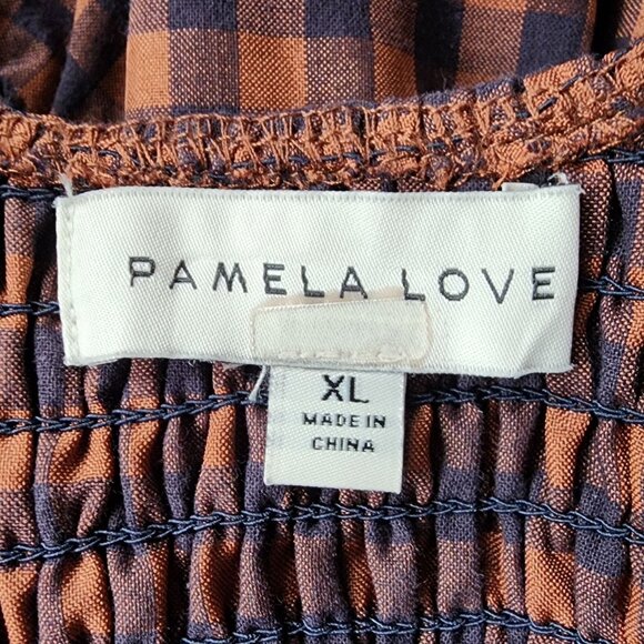 Pamela Love Womens Dress XL Midi Checker Brown Navy Blue Balloon Sleeve Boho - Picture 7 of 10